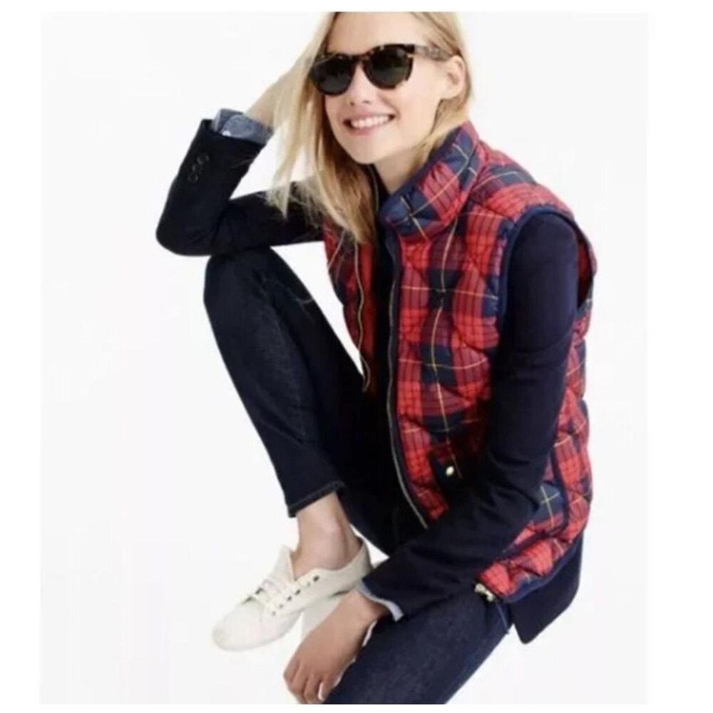 J.Crew Red Navy Gold Preppy Plaid Puffer Vest XXS Quilted Fall Winter Layering